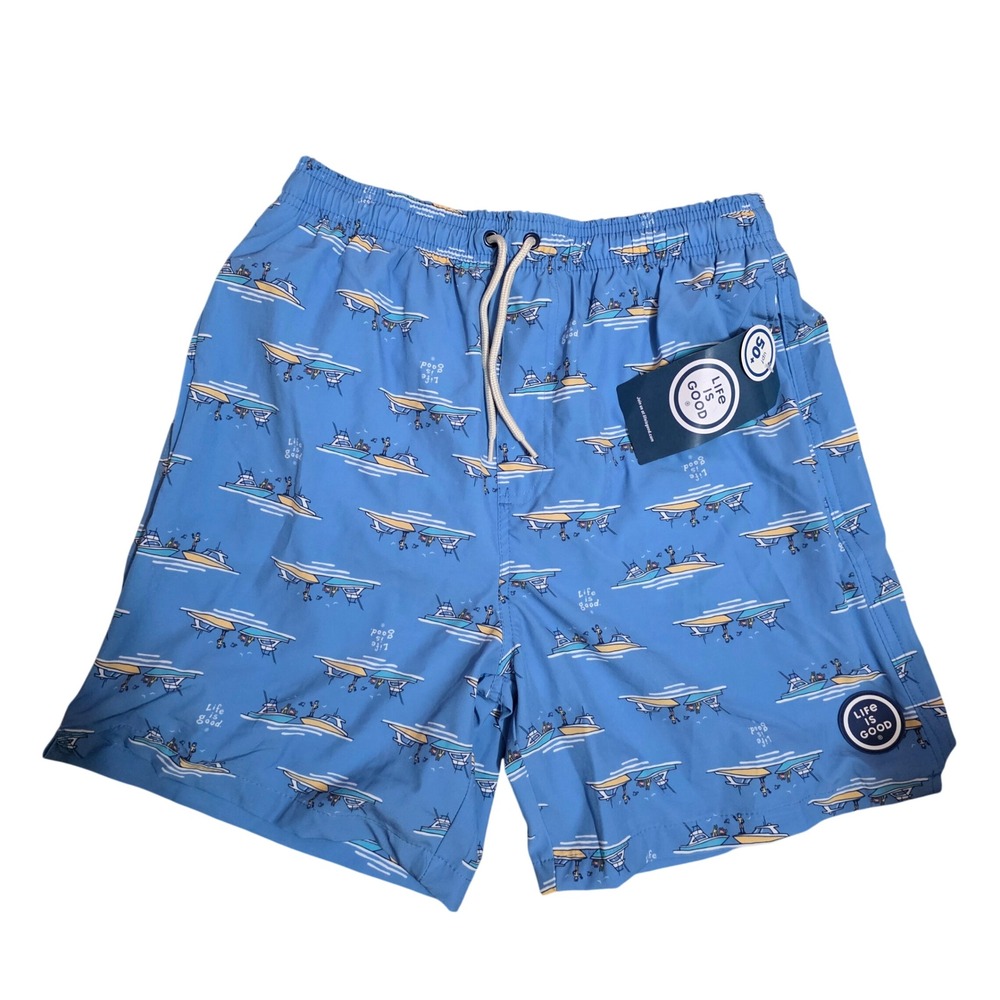 Life is Good Mens Swim Trunks Blue Fishing Boat Dog Print Board‎ Shorts UPF 50 S